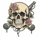singing skull with hanging microphone surrounded by roses  tattoo design idea