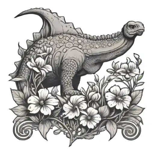 brontosaurus and violet flower blooming tattoo design idea