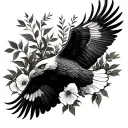 wedge tailed eagle soaring with wattle brush in background and gum tree leaves and poppy flower tattoo design idea