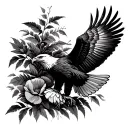 wedge tailed eagle soaring with wattle brush in background and gum tree leaves and poppy flower tattoo design idea