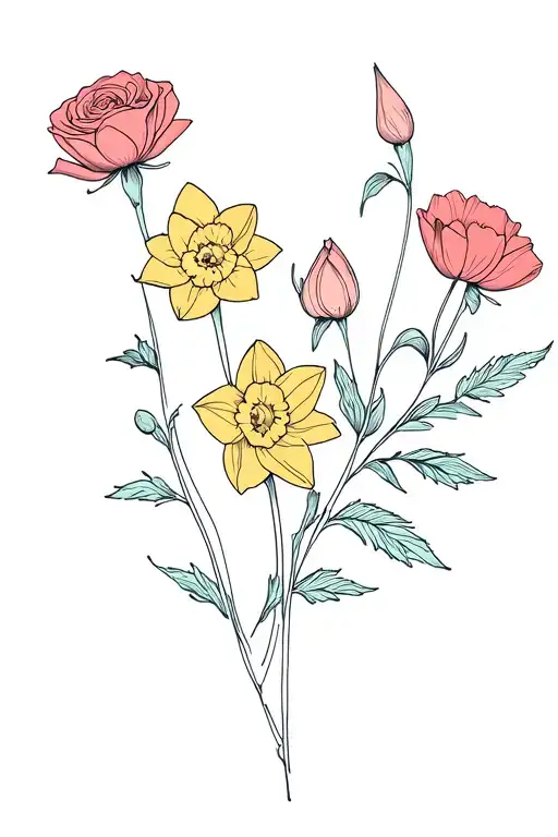 A minimalist fineline flower tanks consisting of rose, daffodil, poppy flower and water lily on the forearm tattoo design idea