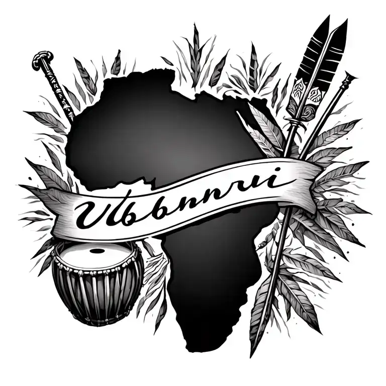 spine tattoo featuring map of Africa , map of Zambia, a spear , African drums and the word Ubuntu in the centre  tattoo design idea