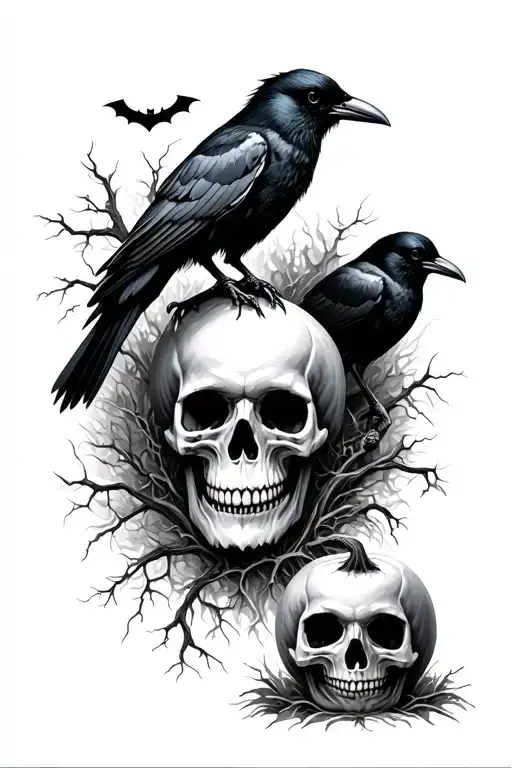 Halloween theme skulls cemetery crows tattoo design idea