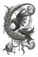 crescent moon with bats surrounding it and judgment chain connected to the moon on shoulder tattoo design idea