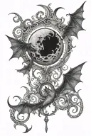 crescent moon with bats surrounding it and judgment chain connected to the moon on shoulder tattoo design idea