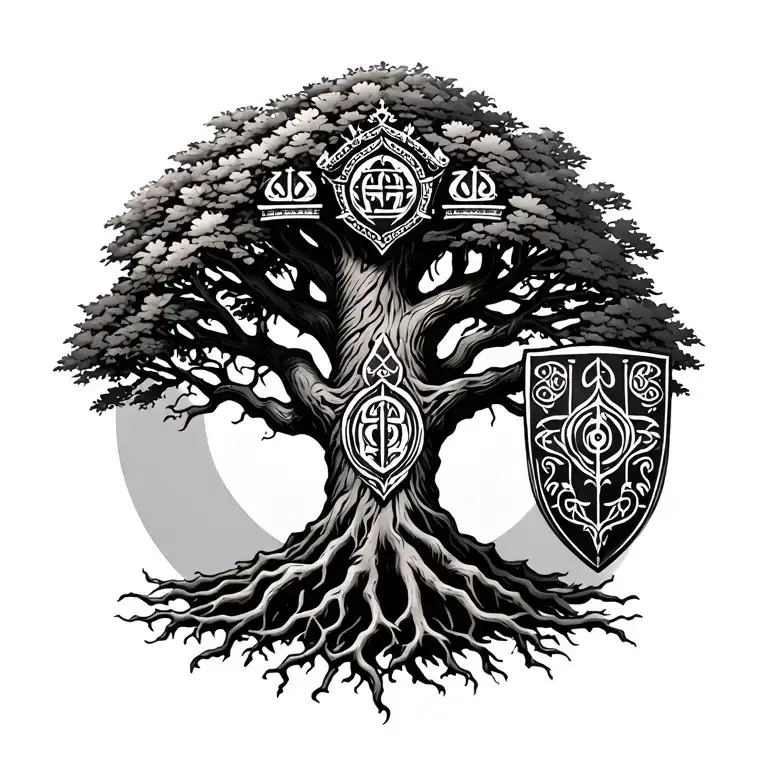 Tattoo is a huge tree of life with roots, a lush crown and Slavic symbols: a symbol of Swaar, a square of Svarog, a shield of Perun, and tattoo design idea