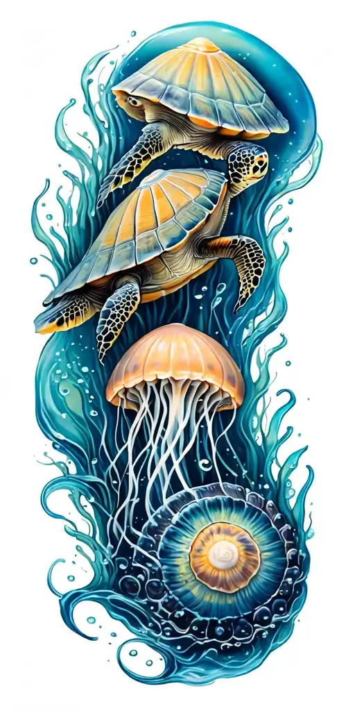 ocean, shells, under water, turtle, jelly fish swimming tattoo design idea