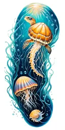 ocean, shells, under water, turtle, jelly fish swimming tattoo design idea