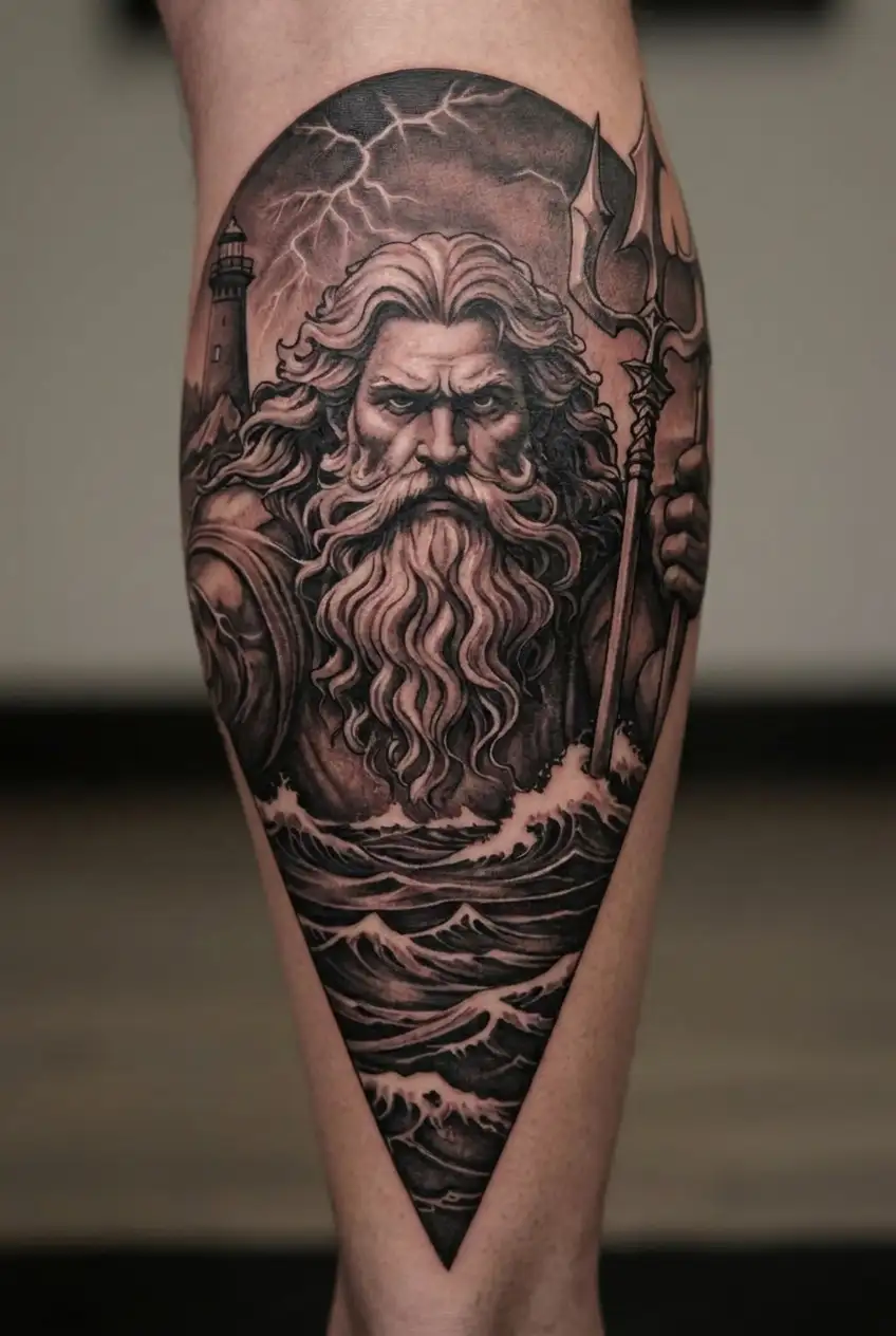 Old, wise Poseidon with flowing hair and beard, holding a trident. Stormy sea with crashing waves, lighthouse, lightning tattoo design idea