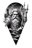 Old, wise Poseidon with flowing hair and beard, holding a trident. Stormy sea with crashing waves, lighthouse, lightning tattoo design idea