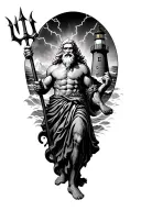 Old, wise Poseidon with flowing hair and beard, holding a trident. Stormy sea with crashing waves, lighthouse, lightning tattoo design idea