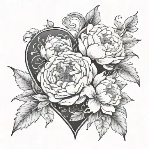 black heart surrounded by peony, cosmos, holly berries, larkspur, and lily of the valley flowers tattoo design idea