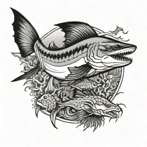  a Mako shark, a lion fish and a sea horse tattoo design idea