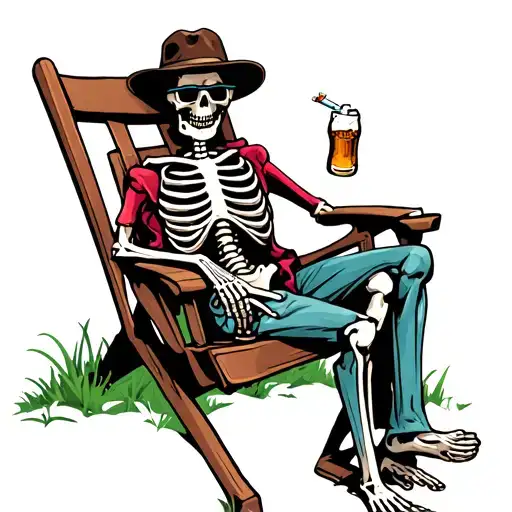 skeleton sat in lawn chair with a beer and a cigarette wearing a trucker hat and shades tattoo design idea