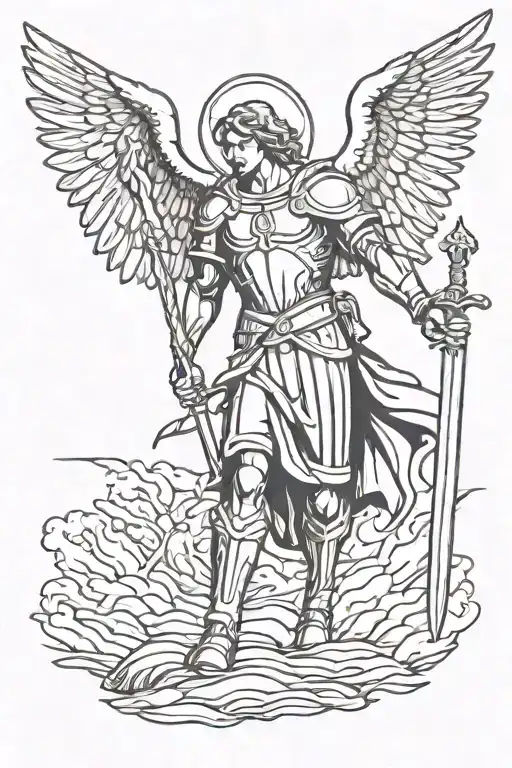 Archangel Michael facing straight holding sword going into ground with wings spread out  tattoo design idea