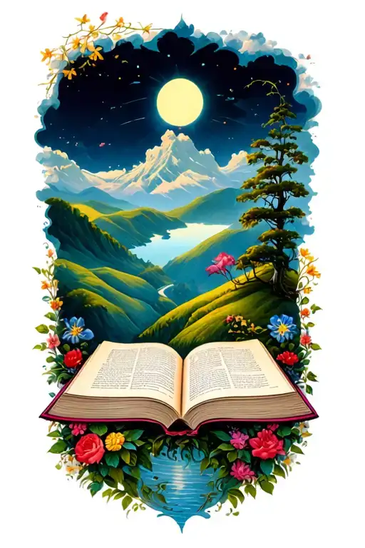 open book below hillside tattoo design idea