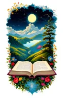 open book below hillside tattoo design idea