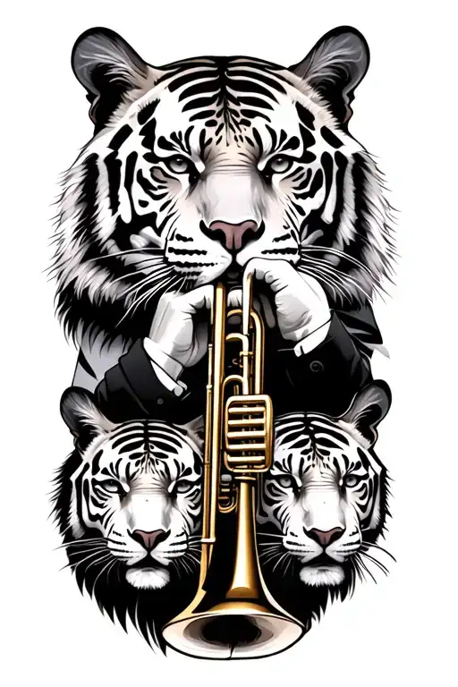 trombone player surrounded by white tigers and black panthers tattoo design idea