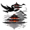 Pagoda with swan flying over tattoo design idea