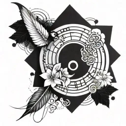 Incorporate a mandala, buddhist symbols, a quill pen and musical notes tattoo design idea
