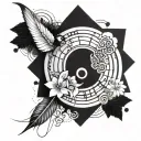 Incorporate a mandala, buddhist symbols, a quill pen and musical notes tattoo design idea