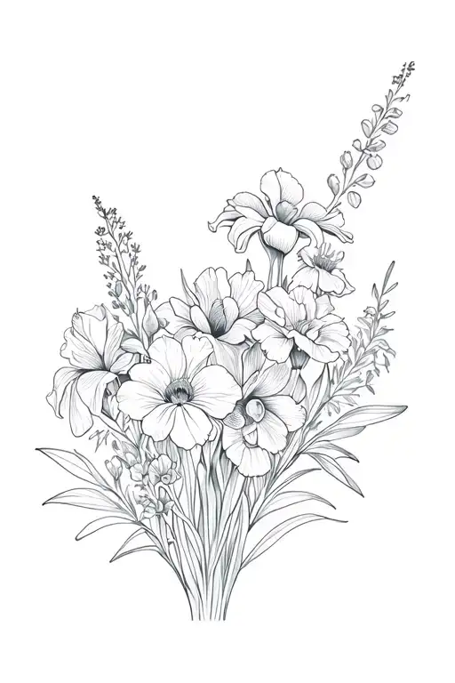 Bouquet of flowers including iris, marigold, violet, and larkspur tattoo design idea