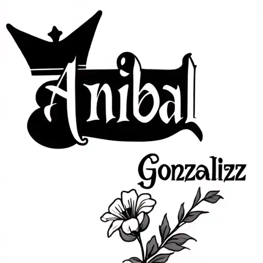 "Anibal Gonzalez" partners name with crown ontop A and flower in Cursive / Gothic text tattoo design idea