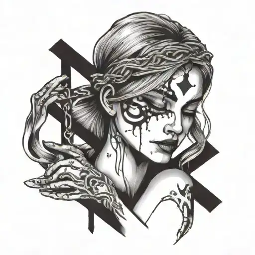 naked girl with tears in her eyes, blindfolded, arms crossed, scales and a cross in her hands tattoo design idea