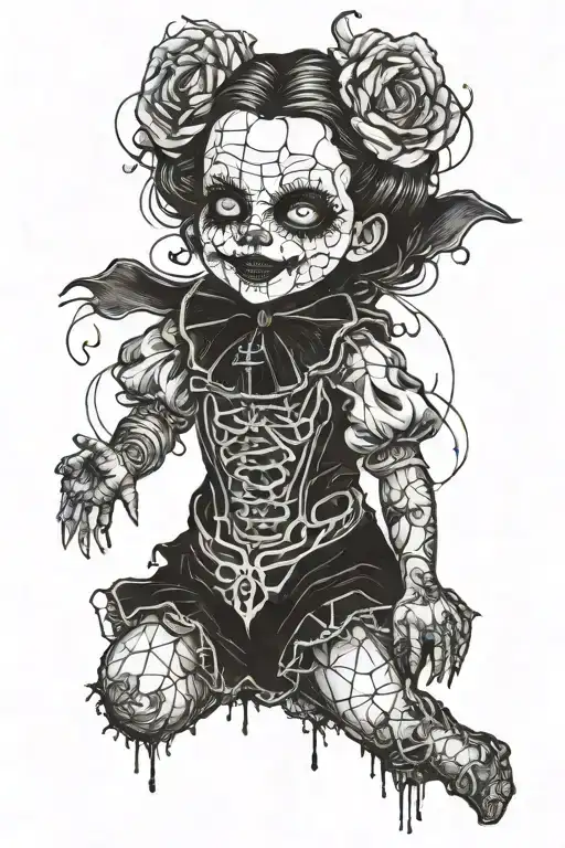 A creepy doll with cracked porcelain skin and a sinister smile tattoo design idea