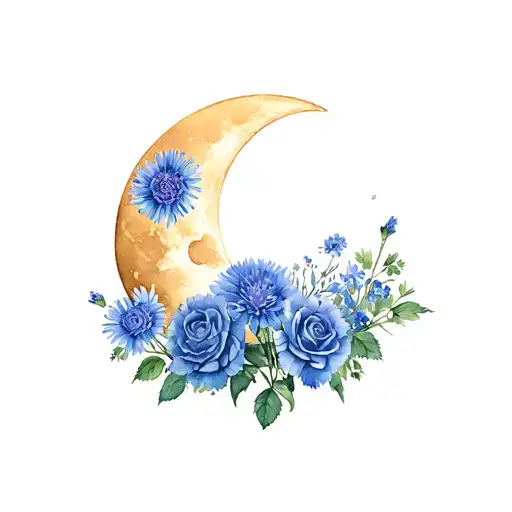 cresent moon with blue asters, burgandy carnations and any coluor roses tattoo design idea