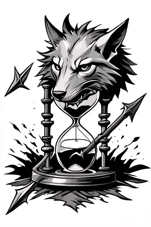 jackal head with a spear breaking a hourglass tattoo design idea