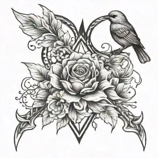 Flame, bow and arrow, marigold flower, birds and heart tattoo design idea
