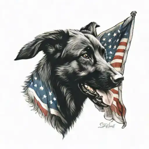 black German shepherd with American flag tattoo design idea