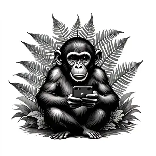 Adolescent monkey surrounded by jungle ferns holding and watching iphone tattoo design idea