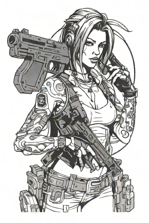 Cyberpunk merc sexy woman with a pistol, like johnny silverhand tattoo design idea