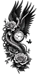roses intertwined, clock face surrounded, angel wings, dragon, butterfly, chains tattoo design idea