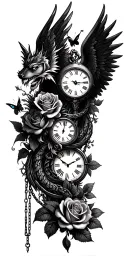 roses intertwined, clock face surrounded, angel wings, dragon, butterfly, chains tattoo design idea