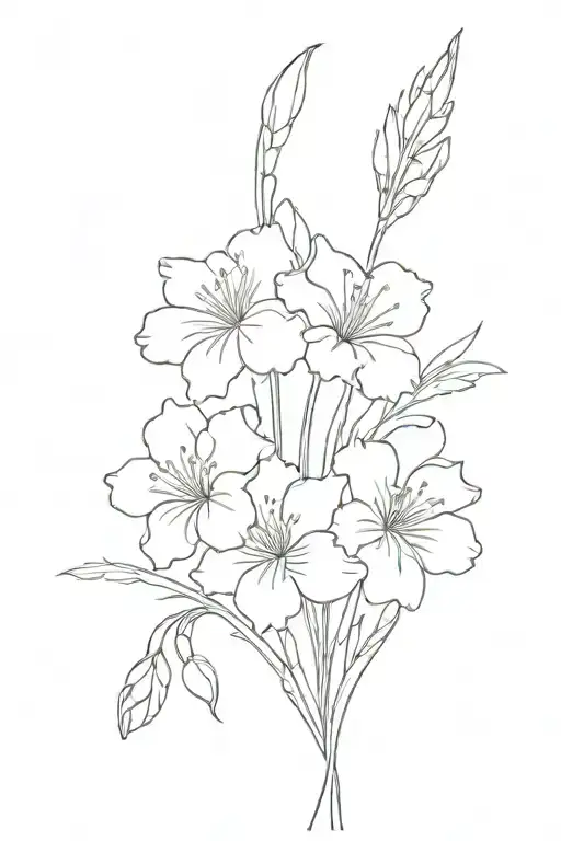 bouquet of Carnations, snowdrops, Violets, iris', Gladiolus, poppy, Chrysanthemum tattoo design idea