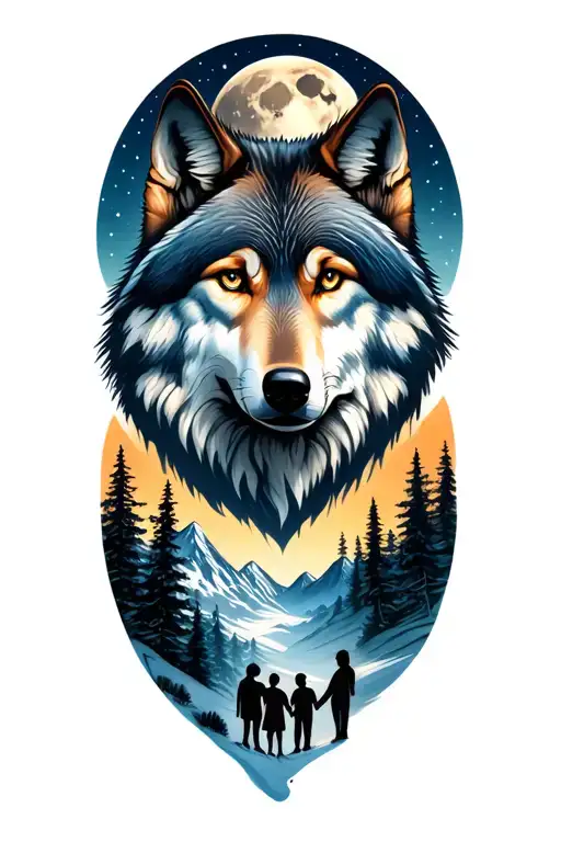 wolf face mountains moon and trees with a family of 4 standing holding hands tattoo design idea