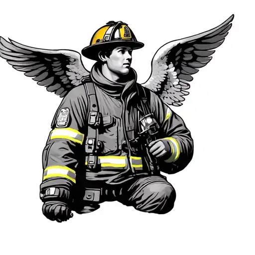 Firefighter with an angel watching black and white tattoo design idea