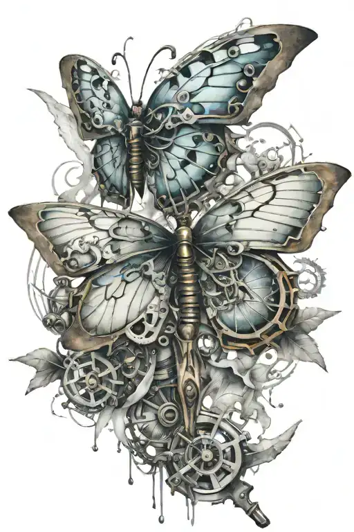 Mechanical butterflx with mist and kunai dynamic pose tattoo design idea