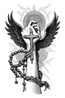 rosary wrapping around forearm, ending with the cross near my thumb. and a pair of expanded wings (1 angelic, 1 demonic) tattoo design idea