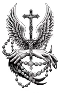 rosary wrapping around forearm, ending with the cross near my thumb. and a pair of expanded wings (1 angelic, 1 demonic) tattoo design idea