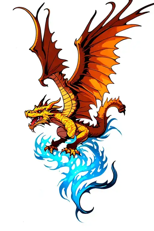 Nordic Dragon Flying with a bottom catillo and blue flashes tattoo design idea