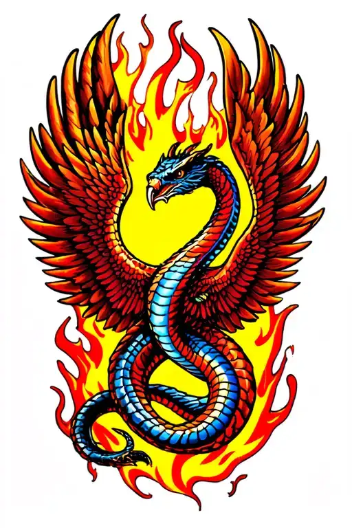 cobra with phoenix wings rising from flames tattoo design idea