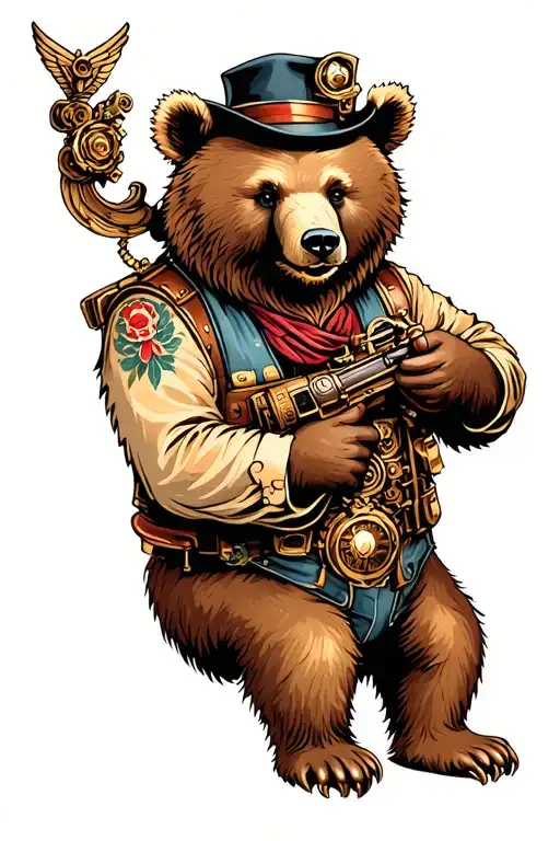 steampunk bear playing tattoo design idea