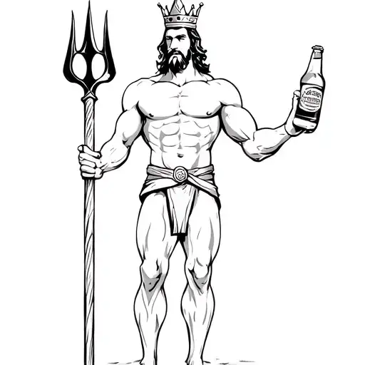 A muscular king with a crown, standing straight, holding a trident in the left hand and an old beer bottle in the right tattoo design idea