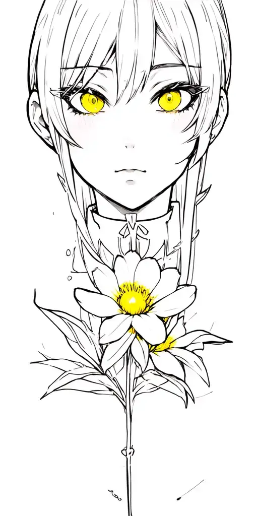 Anime Face of the girl (Jinx from League of Legends), a black yellow flower and white stripes on the background tattoo design idea