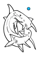 2 sharks together and one left out to the side with a blue ball tattoo design idea