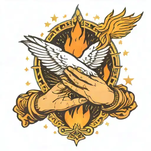 praying hands with fire and light rays doves sky and stars tattoo design idea